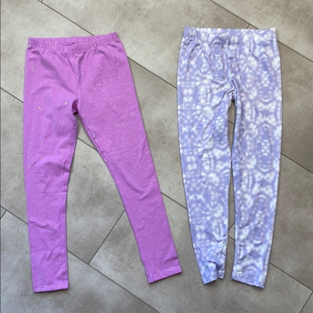 Girls Purple and Tie-Dye Kids Leggings, Sz 10/12, 2 pair